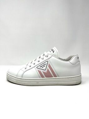 Prada Downtown White Pink Leather Chunky Platform Sneakers Triangle Logo 39.5